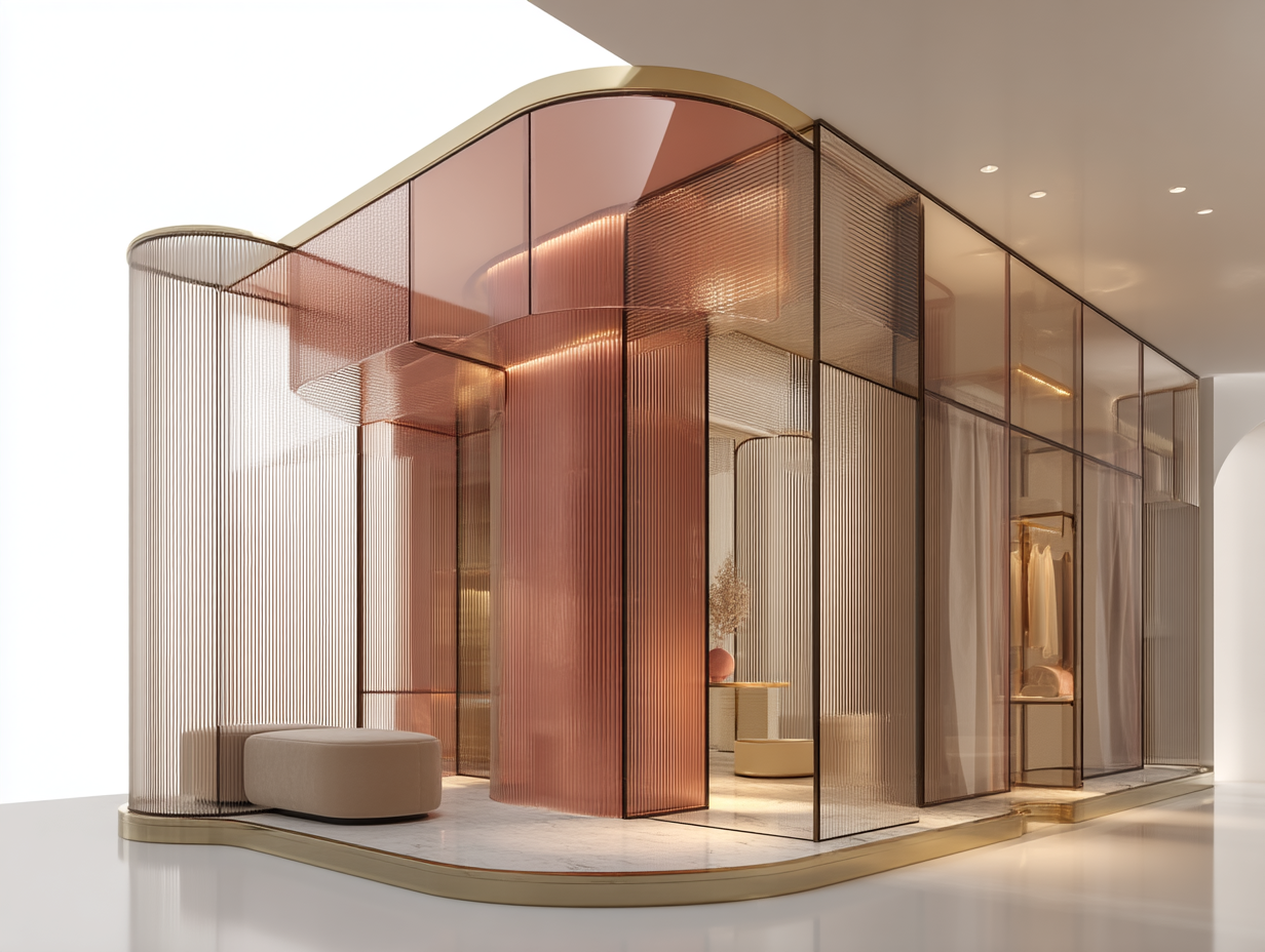 Modern interior featuring curved glass walls with pink and bronze tones, marble flooring, and minimalist furniture.