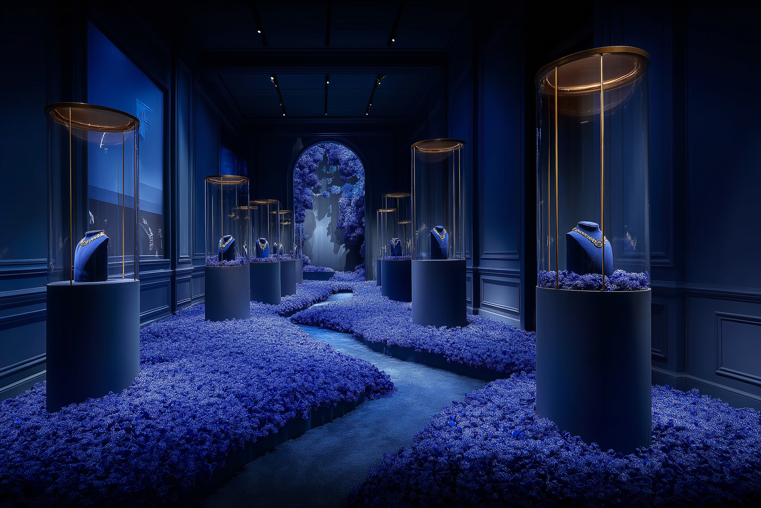 A luxurious jewelry display room decorated in shades of blue, featuring illuminated glass cases with necklaces on black busts, floral carpeting, and a waterfall illustration on the wall at the far end.