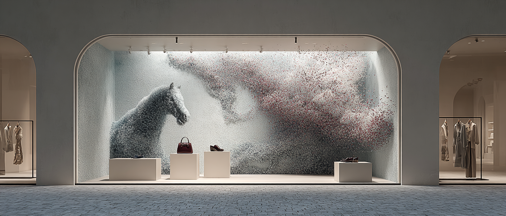 Storefront window display featuring a digital art installation of a horse and clouds made of numerous tiny dots, with three white display pedestals holding a handbag and shoes, and clothing racks visible in adjacent window displays.
