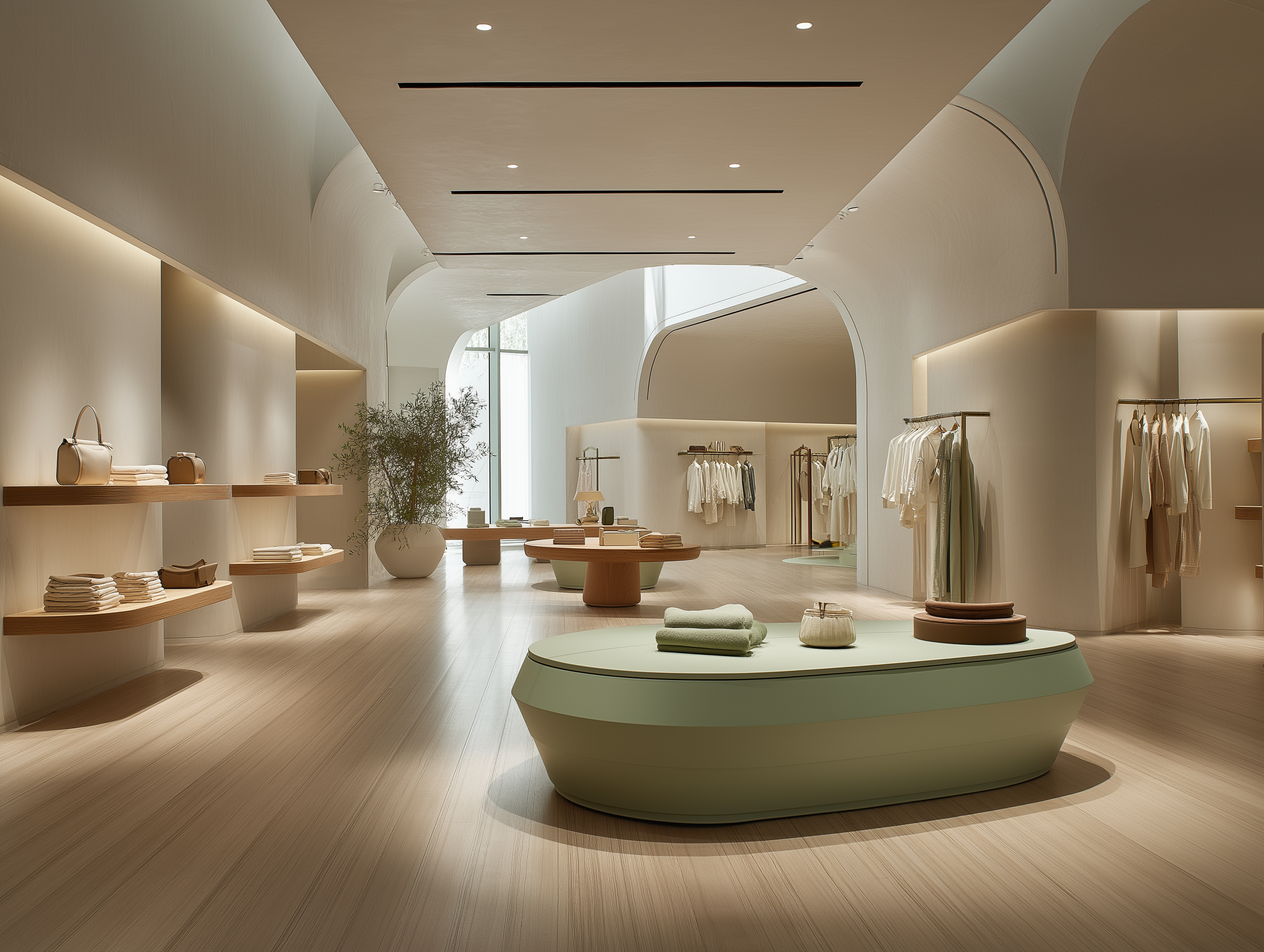 Interior of a modern clothing store with minimalist design, displaying racks of white and neutral-colored clothing, shelves with bags and accessories, a large potted plant, and soft ambient lighting.