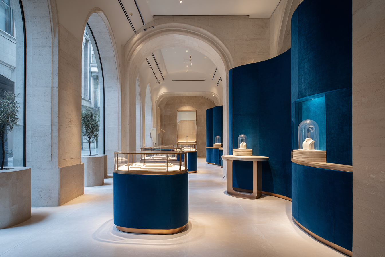 Modern boutique jewelry store with curved display cases, blue velvet walls, large arched windows, and minimalist design.