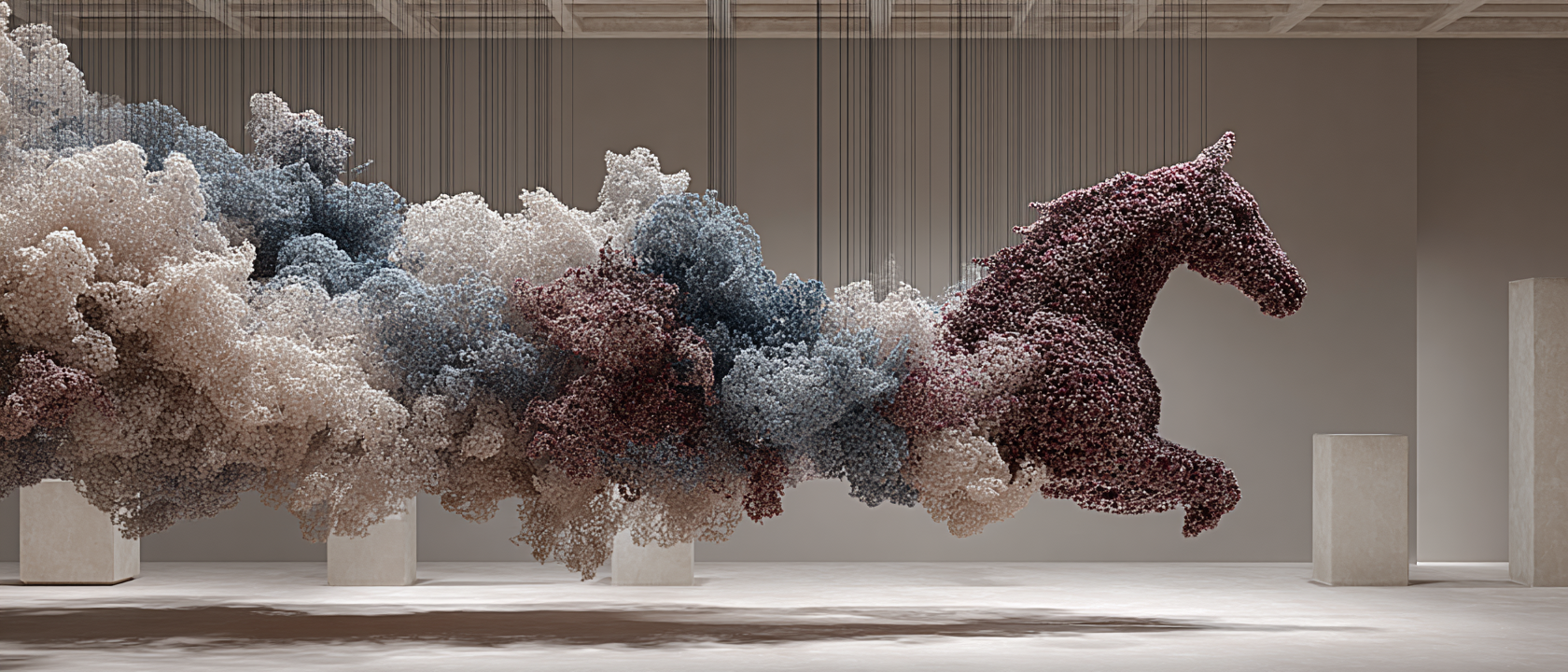 An art installation of a horse-shaped sculpture made from clustered multicolored materials, with a cloud of similar material behind it, in a minimalist indoor gallery space.