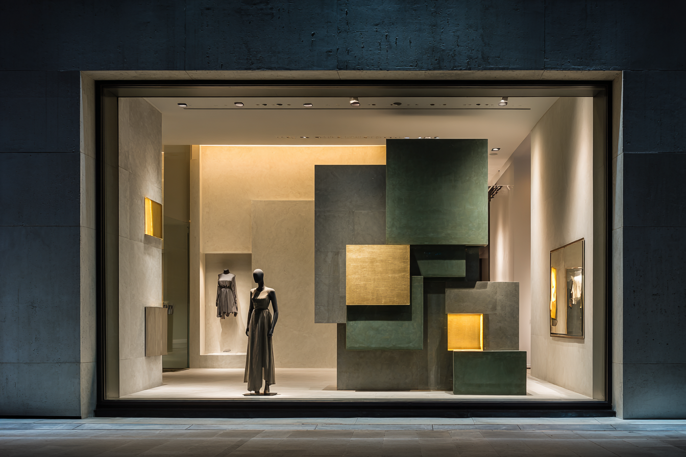 Clothing store display window with mannequin wearing a long dress, large geometric green and beige blocks, backlit with warm lighting, and framed mirror on the right wall.