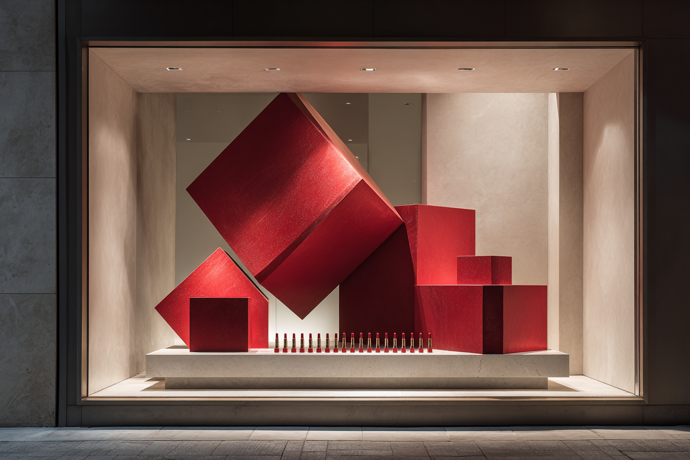 Display of red geometric sculptures in a modern storefront window.