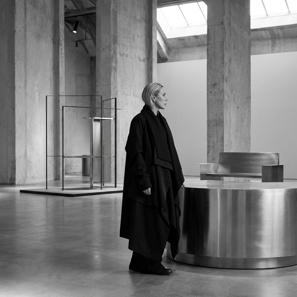 A woman with blonde hair in a black coat stands in a modern art gallery with concrete walls and high ceilings, looking at a metallic sculpture.