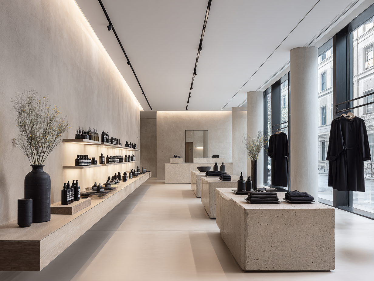 Minimalist retail store interior with light-colored walls, large windows, concrete display tables with black clothing and accessories, and shelves with black bottles and containers, decorated with tall vases of dried branches.