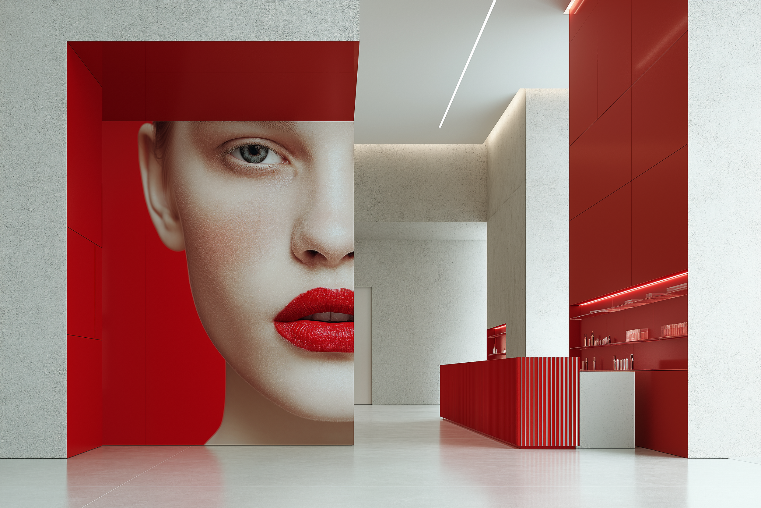 Modern interior space with a large poster of a woman's face with red lips on a red and white color scheme, including a red counter and shelving with products.