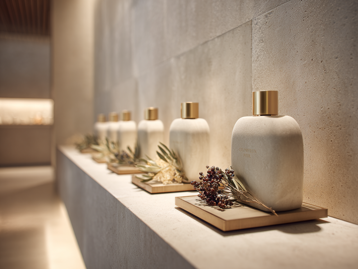 A row of elegant, white bottles with gold caps on wooden trays decorated with dried flowers and greenery, displayed on a modern, minimalist shelf against a beige wall.