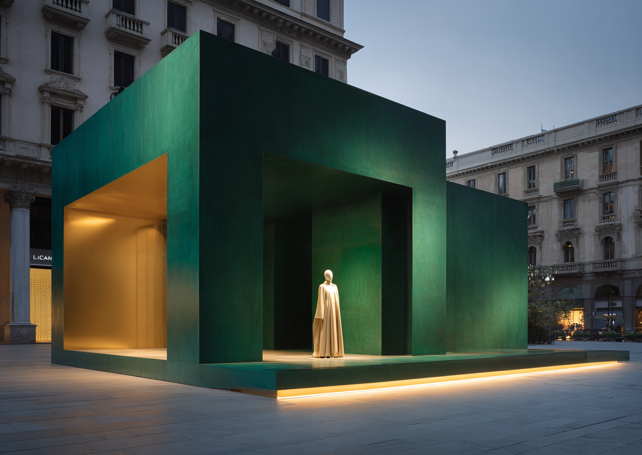 Green modern art installation with an open square space and a mannequin dressed in cream-colored clothing standing inside, illuminated by warm lighting, in an urban plaza during dusk.