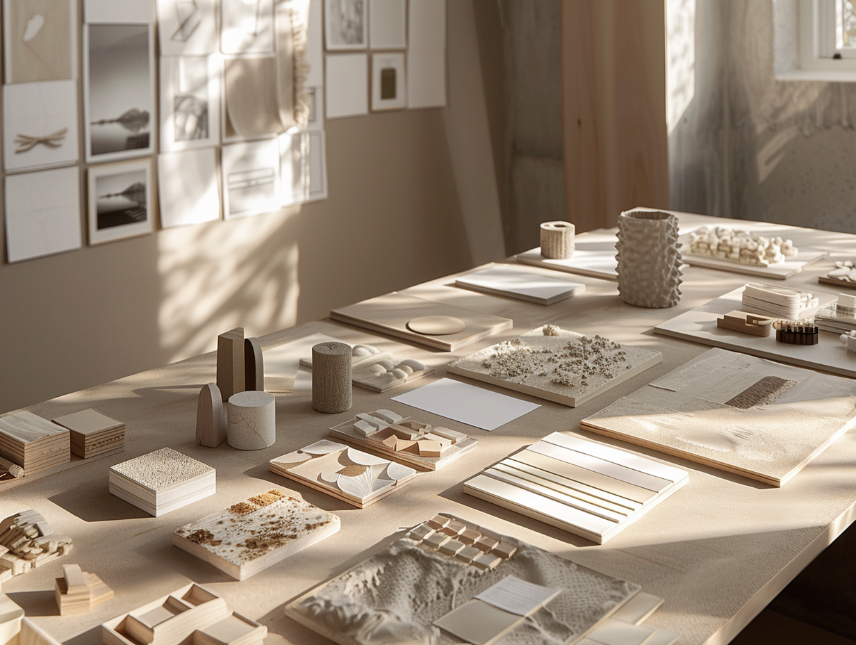 A table with various architecture and design samples, including tiles, textures, and small models in natural light.