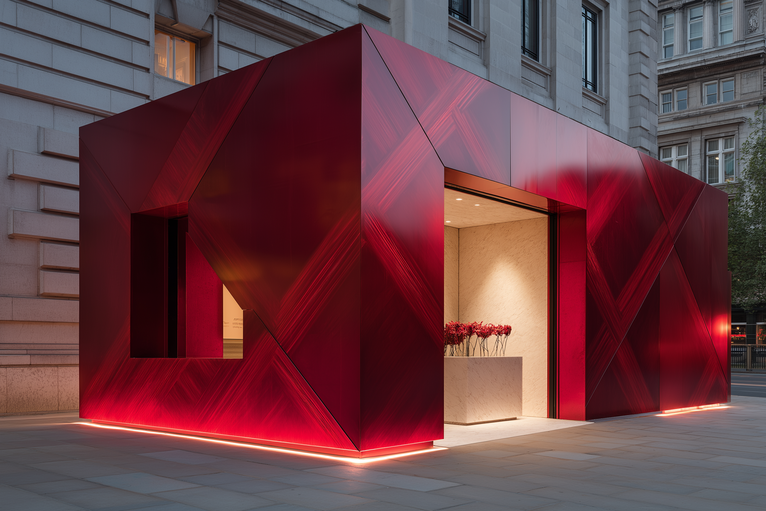 A modern red building with geometric panels, illuminated from below, with an open entrance displaying a flower arrangement inside.