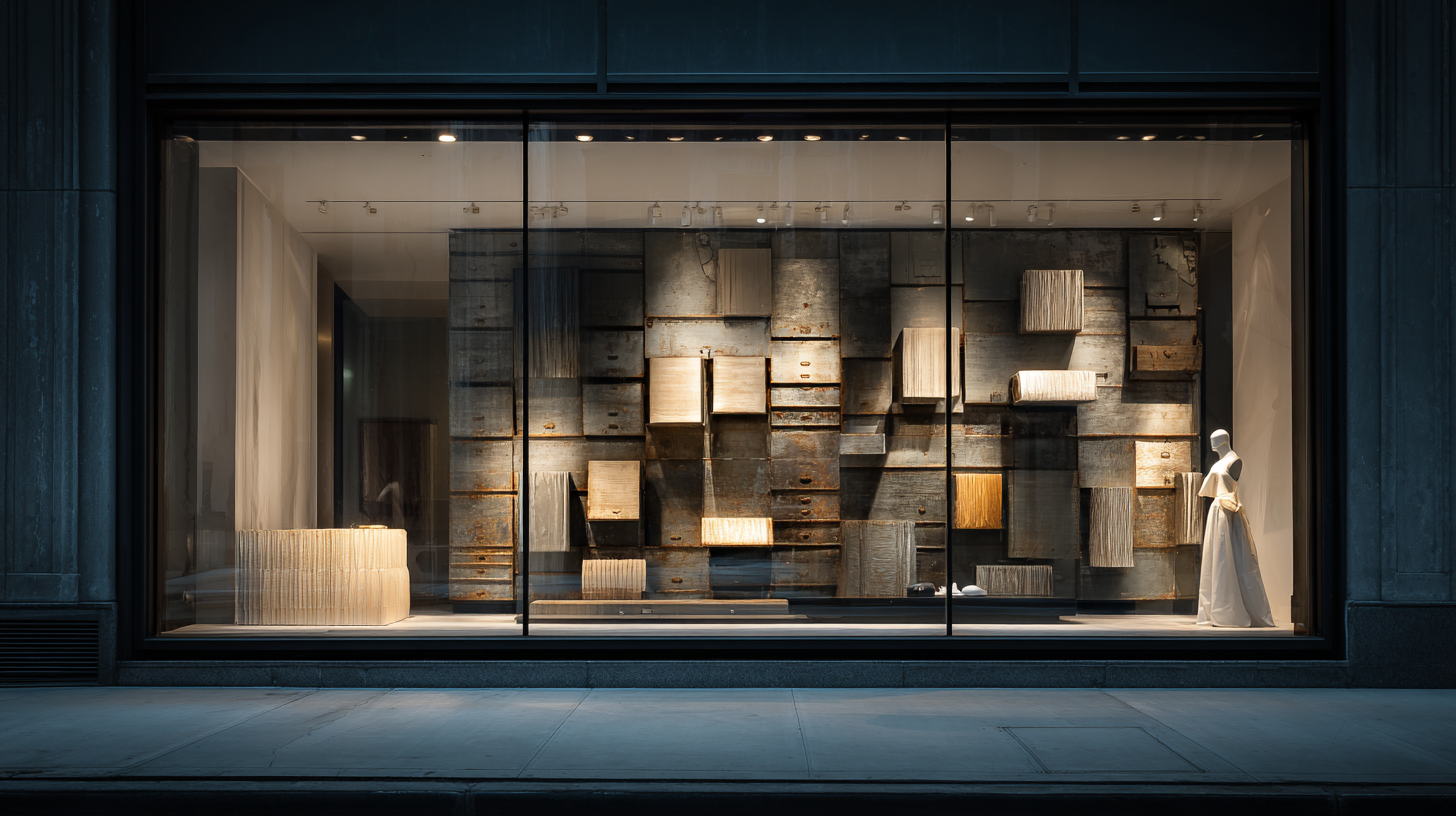 Storefront window display featuring wooden blocks of various sizes and a mannequin dressed in a white gown.