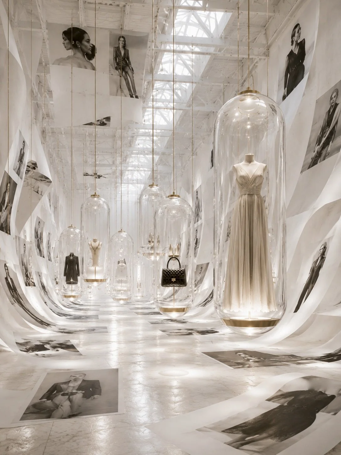 Display of high-end fashion items, including a long gown, handbags, shoes, and jewelry, in transparent glass cases at a fashion exhibit with black-and-white portraits of models on the walls.