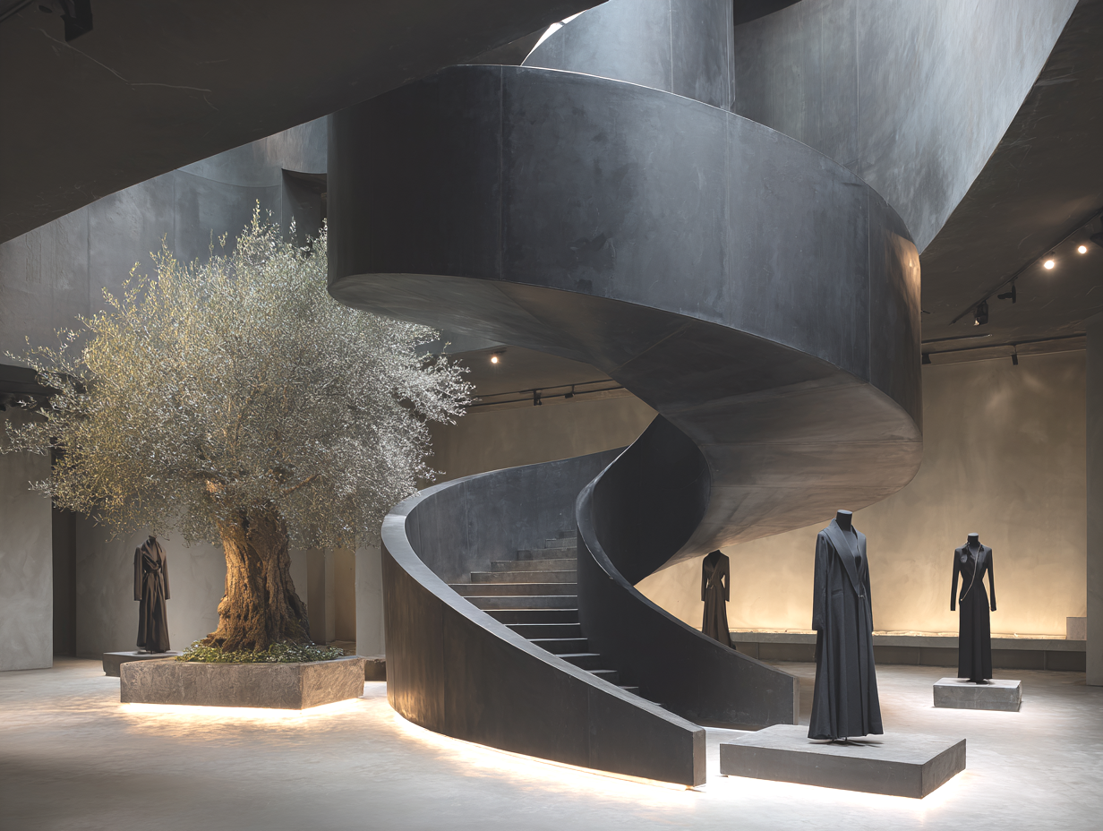 Interior of a modern museum with a spiral staircase, mannequins displaying black dresses, and a large tree
