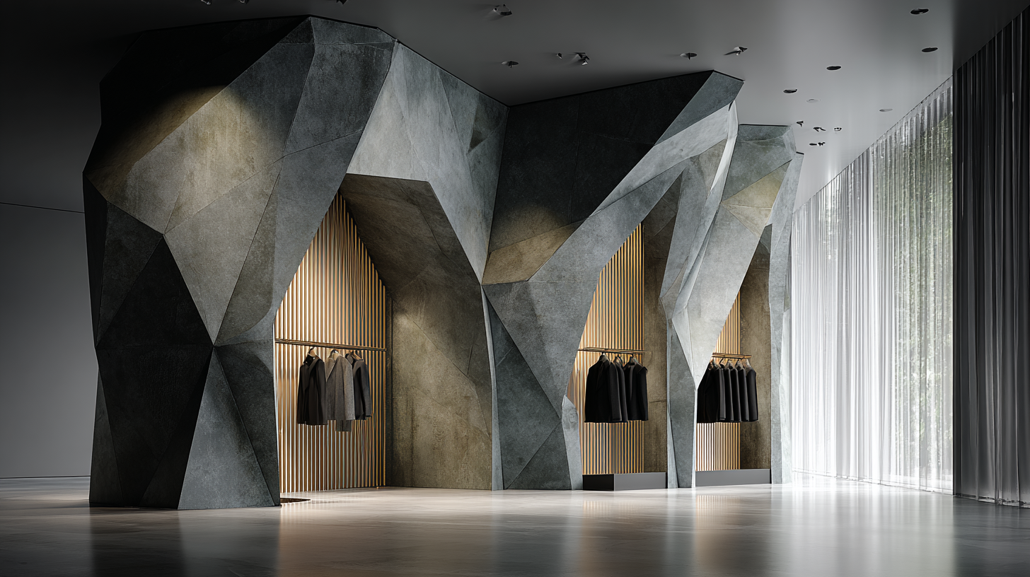 Modern retail space with large geometric concrete structures forming display areas, with clothing hanging on racks against wooden slat walls, large windows with sheer curtains letting in natural light.