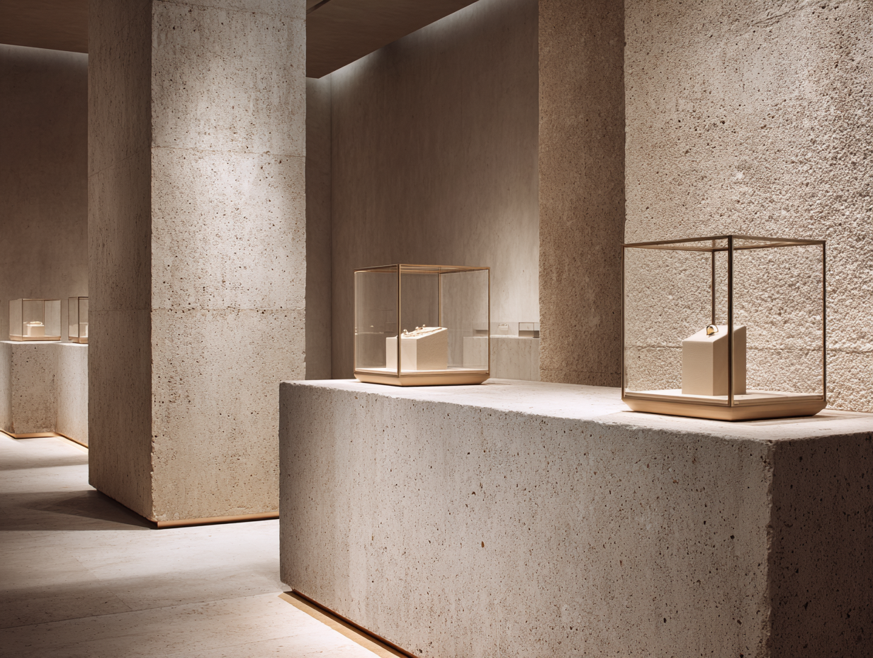 Jewelry display cases on a concrete counter in a minimalist, modern museum or gallery setting.