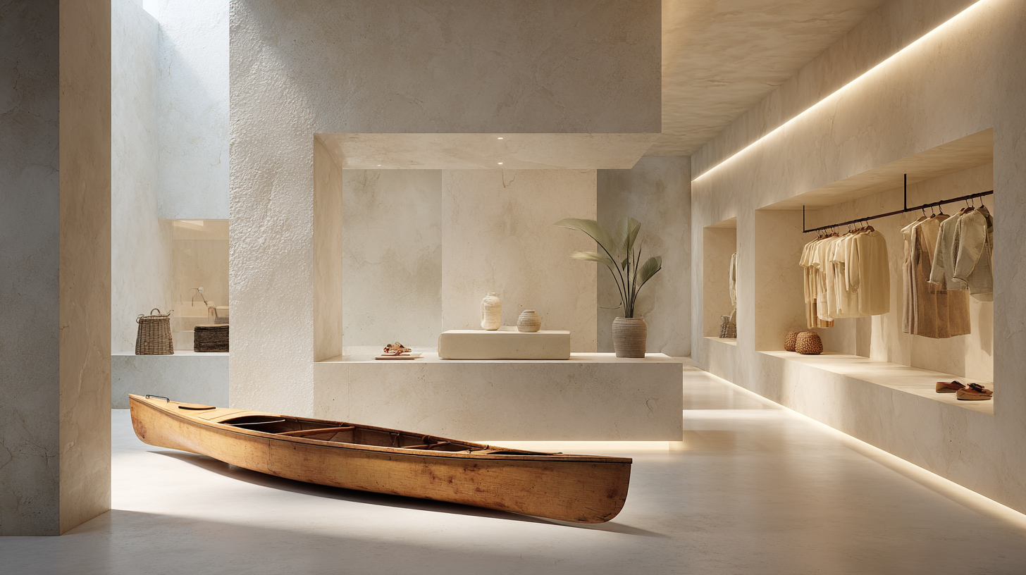 Minimalist retail space with neutral tones, clothing displays on the right, a wooden canoe on the floor, and decorative items like vases and a plant on the central counter.