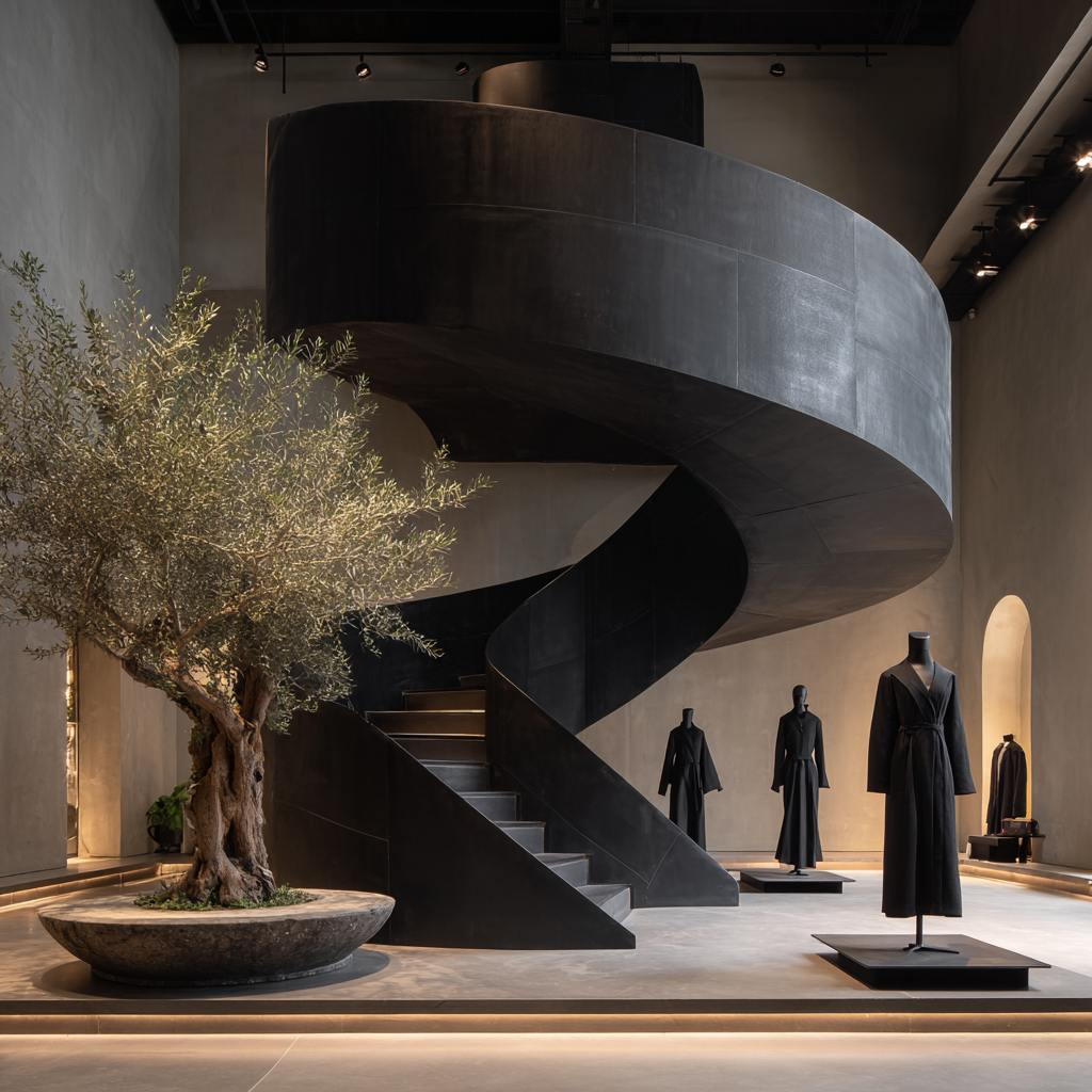 Modern interior with a black spiral staircase, mannequins dressed in black clothing, and a large potted tree.