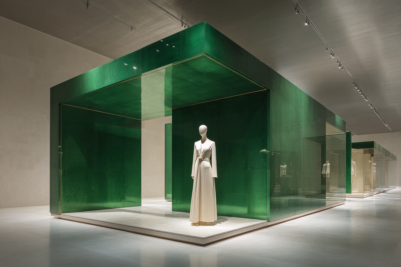 An art installation featuring a dark green cube structure with a white mannequin dressed in a long, cream-colored gown inside. Modern, minimal museum space.