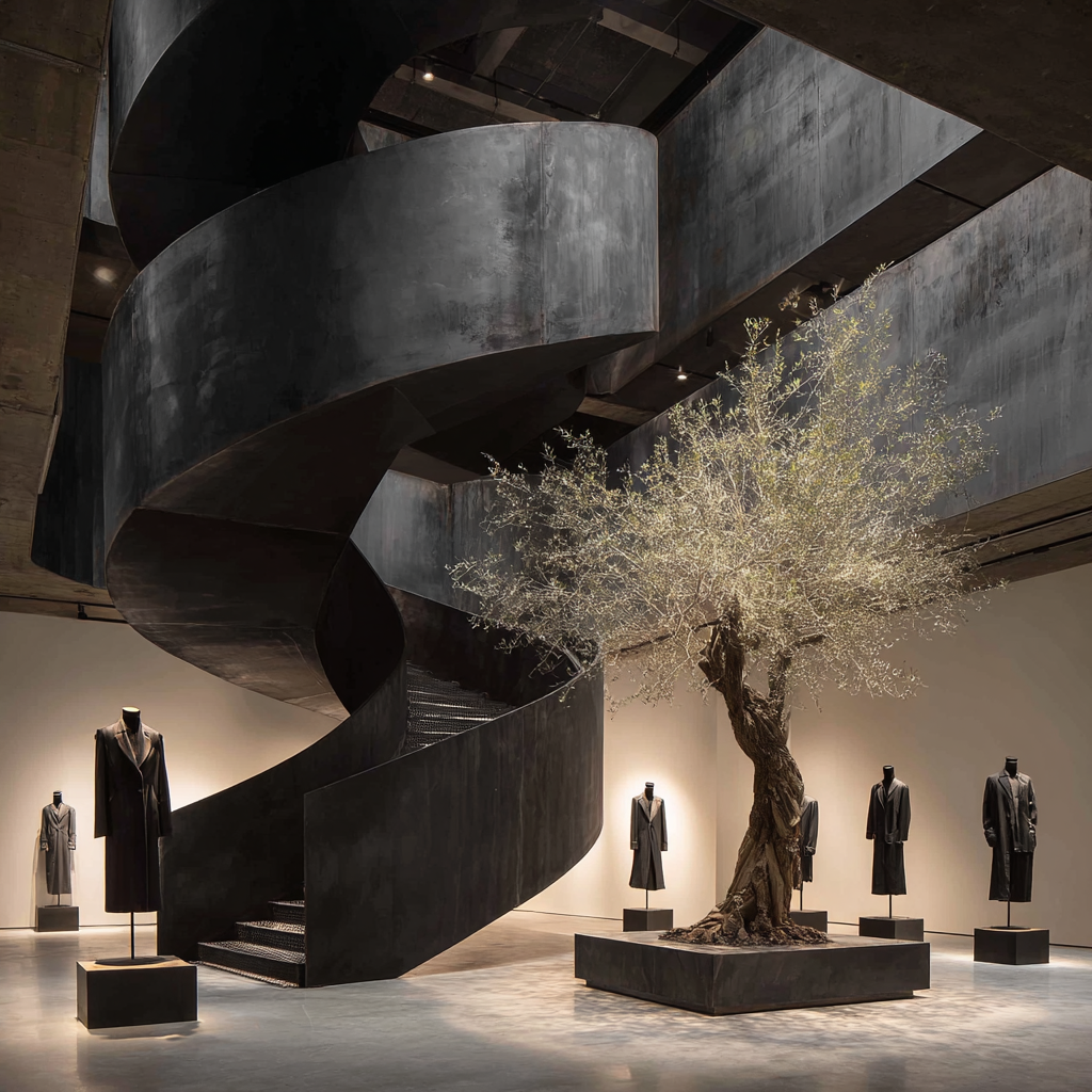 Interior of a modern building featuring a large, black, spiral staircase, mannequins dressed in dark clothing, and a twisted tree in a display space.