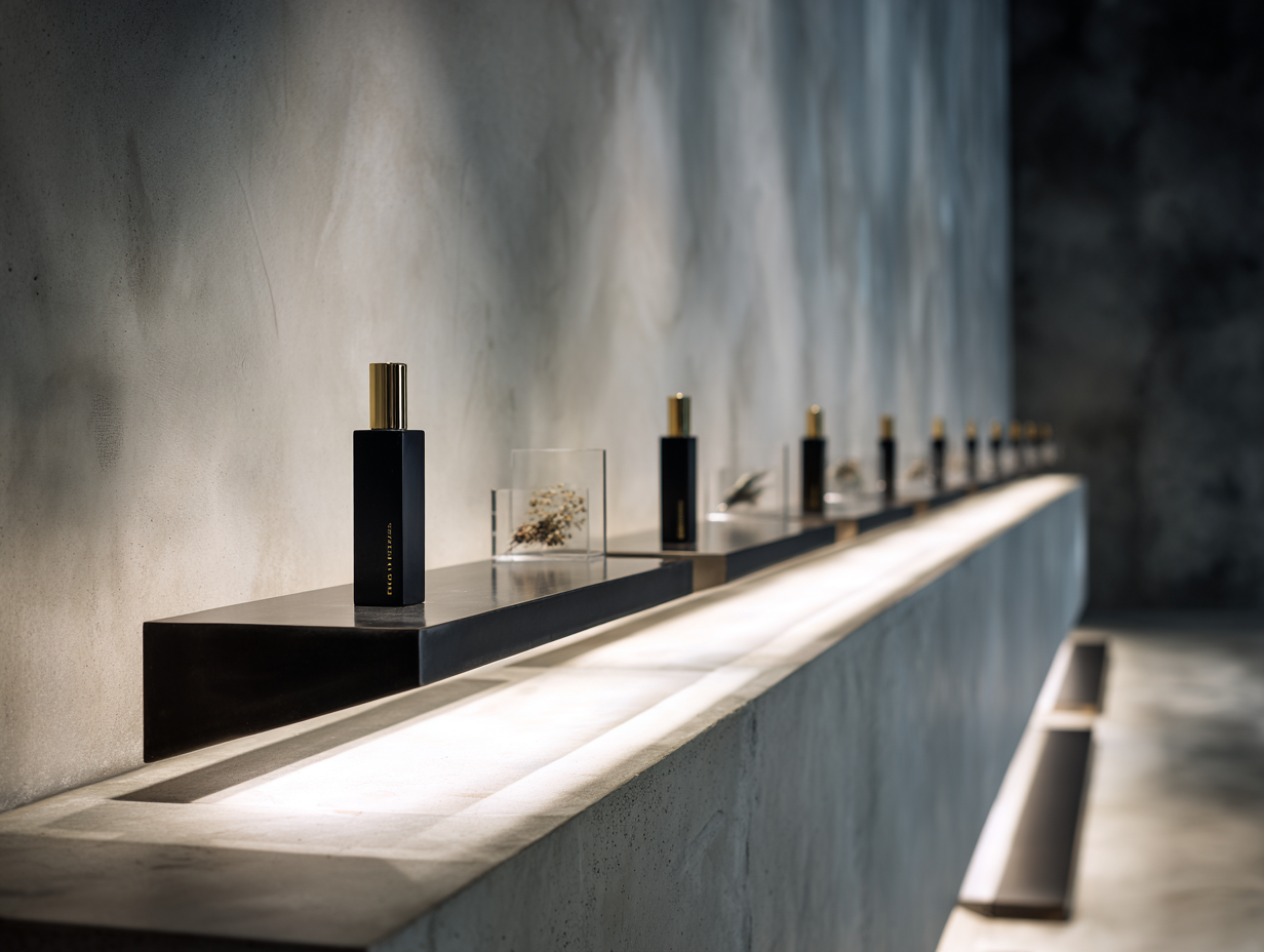 A modern display of perfume bottles and decorative items on a long, sleek black shelf against a textured concrete wall.