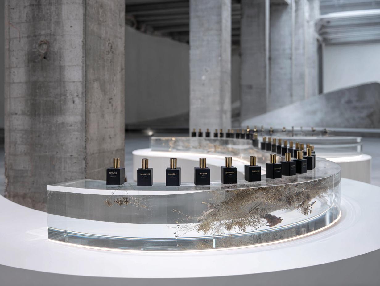 Display of multiple black perfume bottles with gold caps arranged on a transparent curved surface in a modern, industrial-style space.
