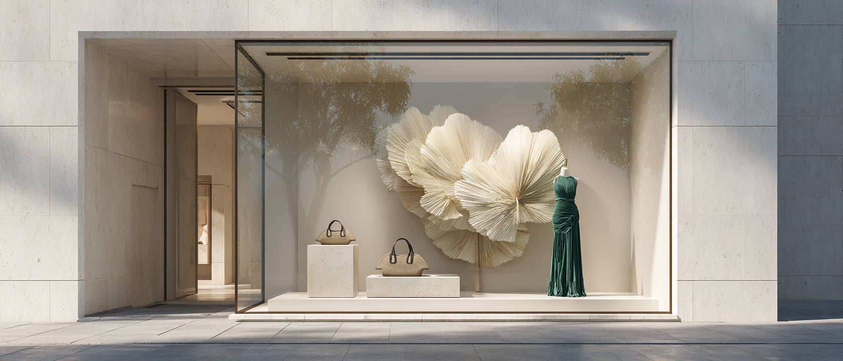 Storefront window display with large white decorative flower wall art, two beige handbags with black handles on white pedestals, and a green evening gown on a mannequin.