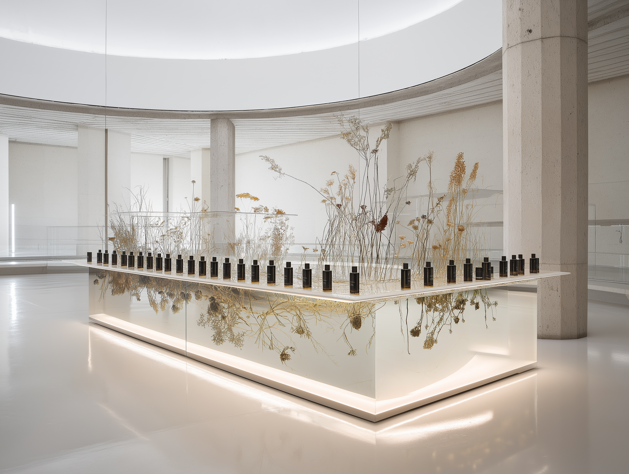 Modern interior with a circular display of dried plants and black bottles, surrounded by white walls and ceiling with soft lighting.
