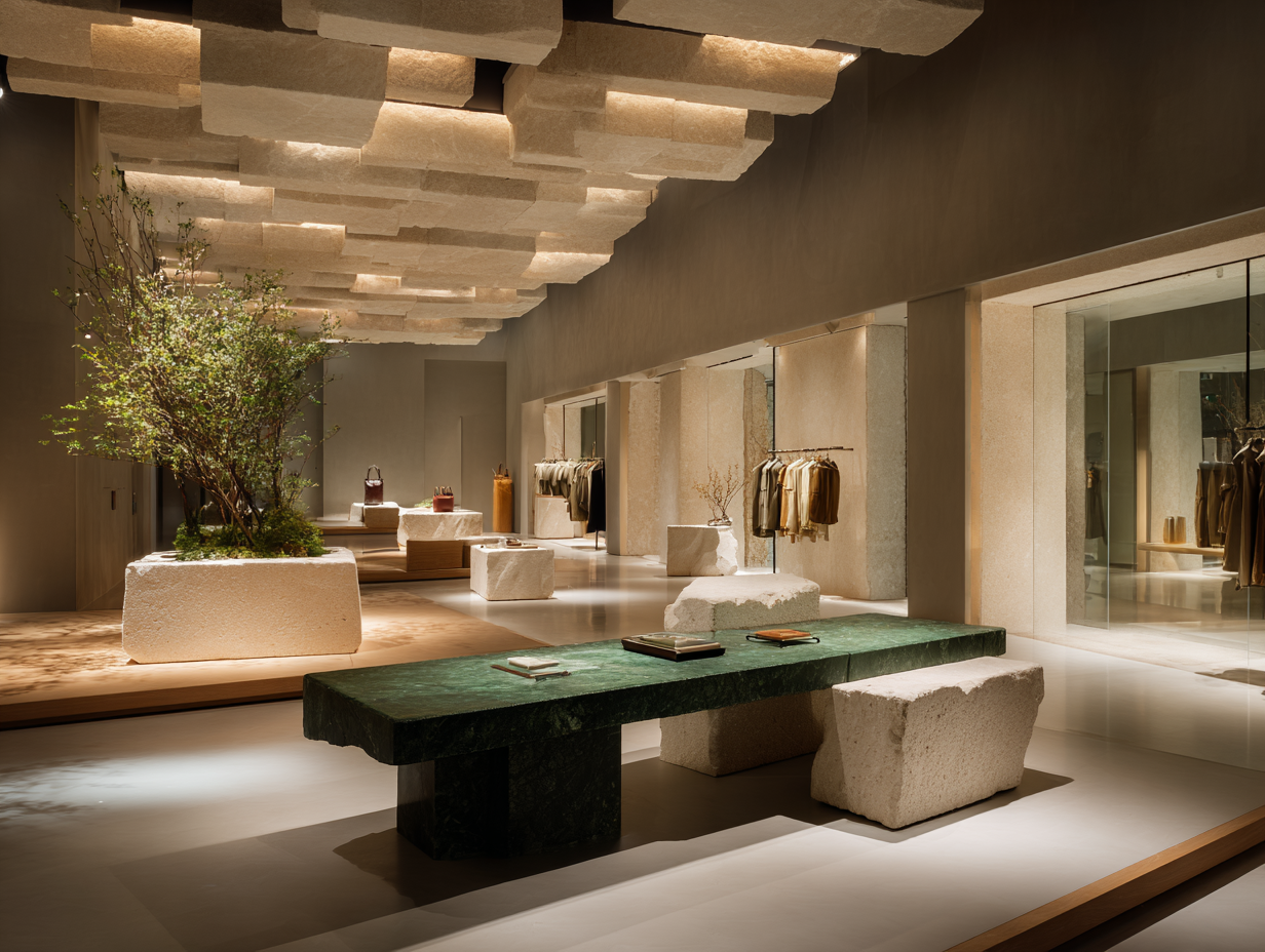 Interior of a modern retail store with minimalist design, featuring a large green marble table, stone seating, clothing racks with garments, and a decorative tree in a stone planter, illuminated by soft lighting.