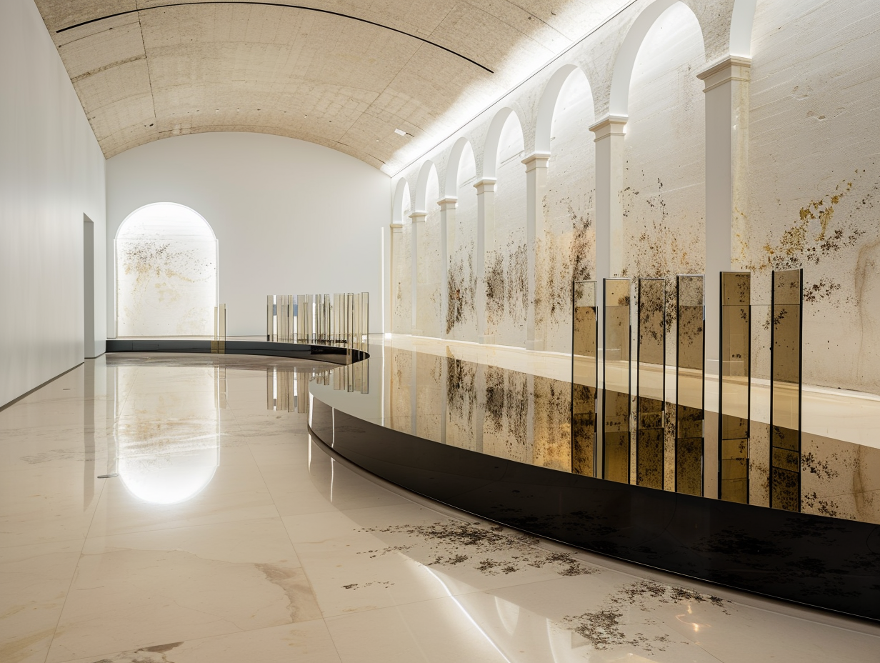 Modern art gallery interior with high arched ceilings, white walls, and a reflective glossy black curved surface on the floor. Gold and black abstract artwork is displayed on a large wall with arched windows, and tall, thin black frames with gold pan