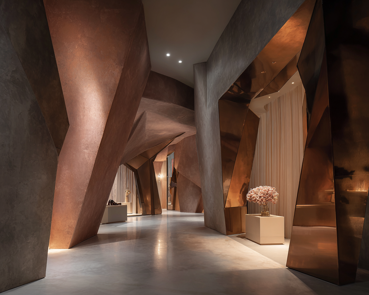 Interior space with modern, angular metallic walls and a polished floor, featuring sculptures on white pedestals and a floral arrangement on a table.
