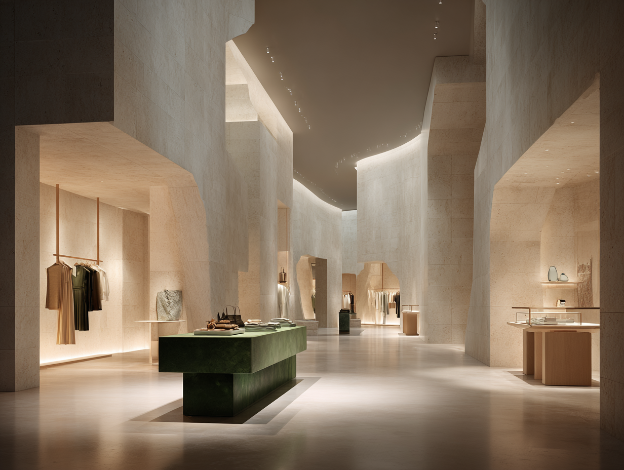 Minimalist clothing store with beige stone walls, soft lighting, and clothing displays on racks and tables.