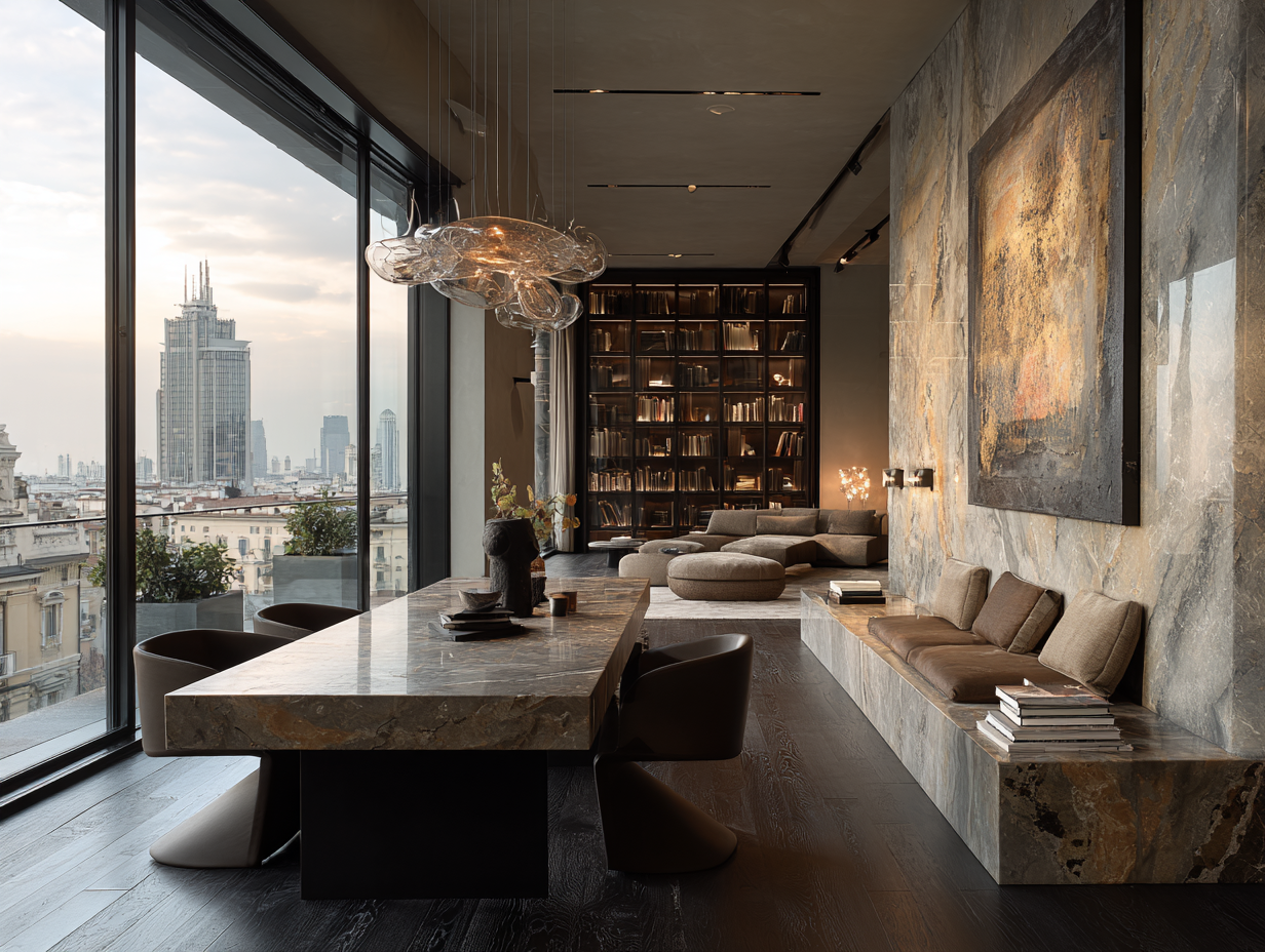 Luxurious modern living room with large floor-to-ceiling windows showing city skyline, marble dining table, contemporary chandelier, built-in stone seating with cushions, abstract artwork, and a tall bookshelf filled with books.