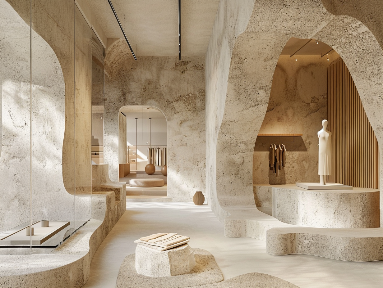 Minimalist boutique interior with beige textured walls, arch-shaped and organic forms, displaying clothing and accessories, with sculptures and soft lighting.