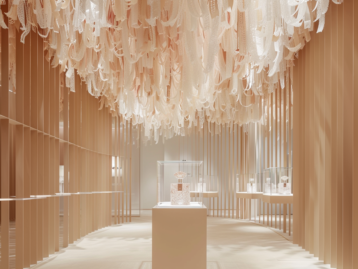 An art gallery with a ceiling installation of tied, white fabric strips and display cases with jewelry or decorative items.