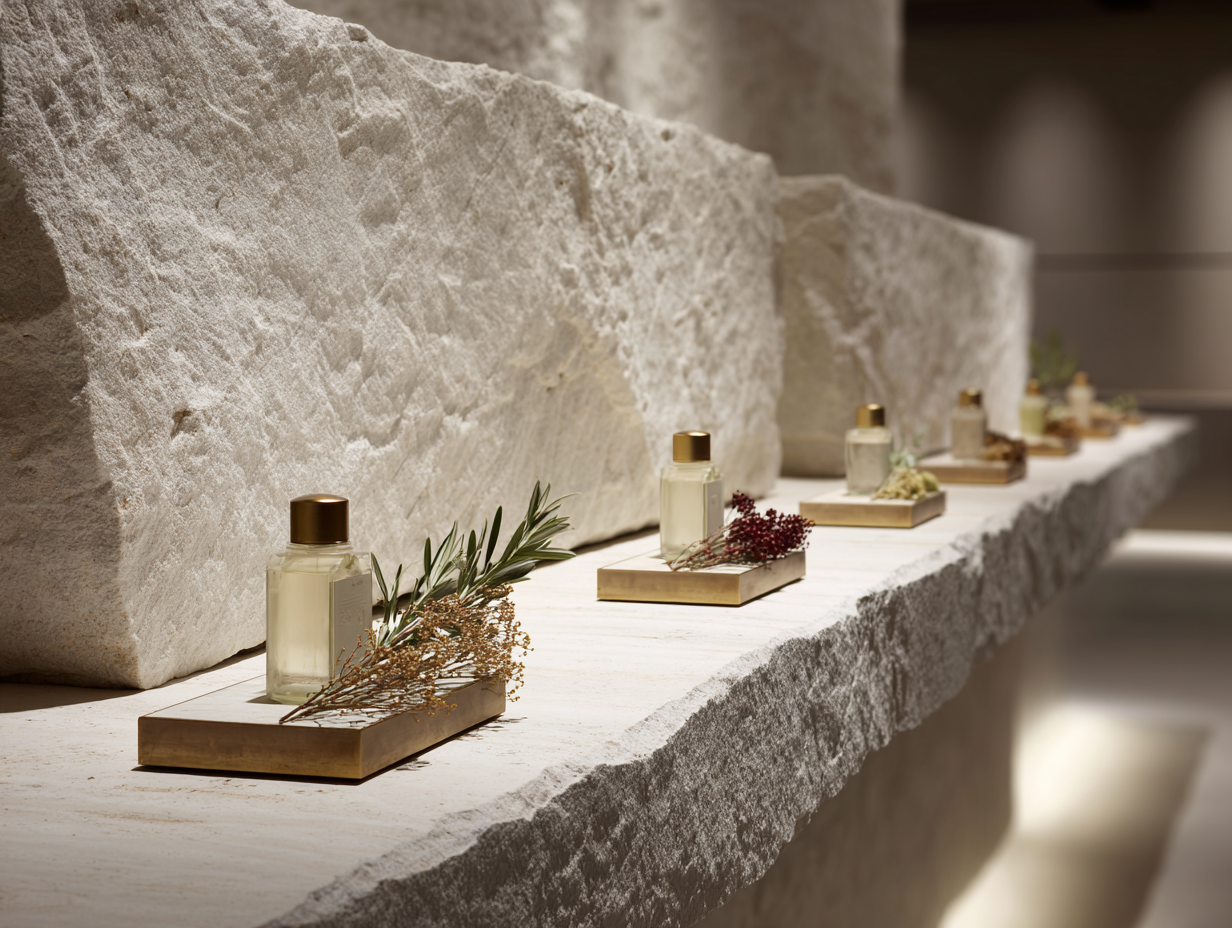 Small bottles of essential oils, dried herbs, and flowers displayed on wooden platforms against a textured stone background.