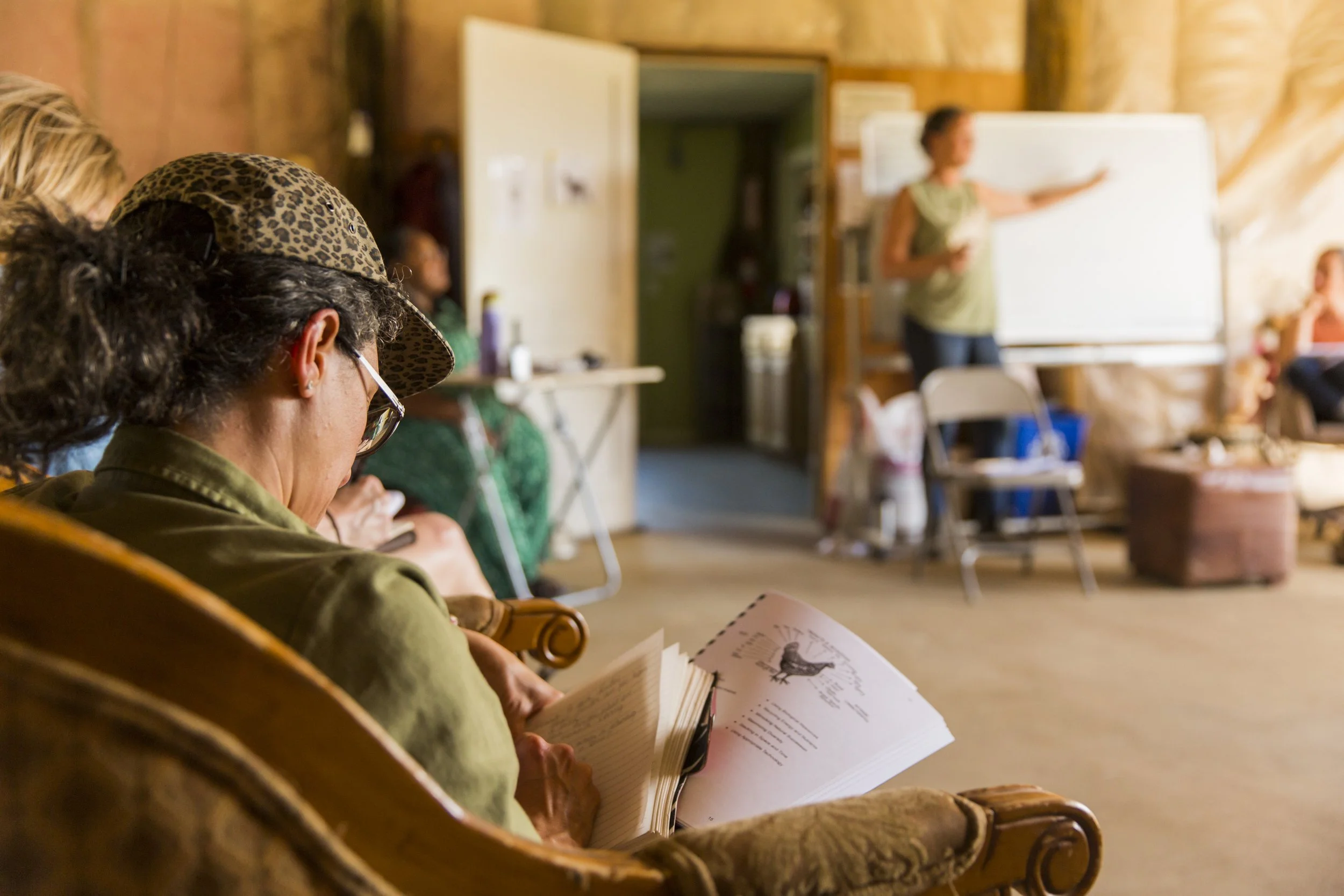 Close-up of a woman wearing a leopard-print hat and glasses, reading a book. In the background, a woman is giving a presentation in front of a whiteboard in a rustic wooden room.