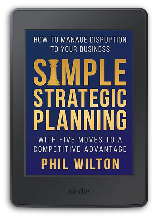 Kindle e-reader displaying the cover of "Simple Strategic Planning" by author Phil Wilton.