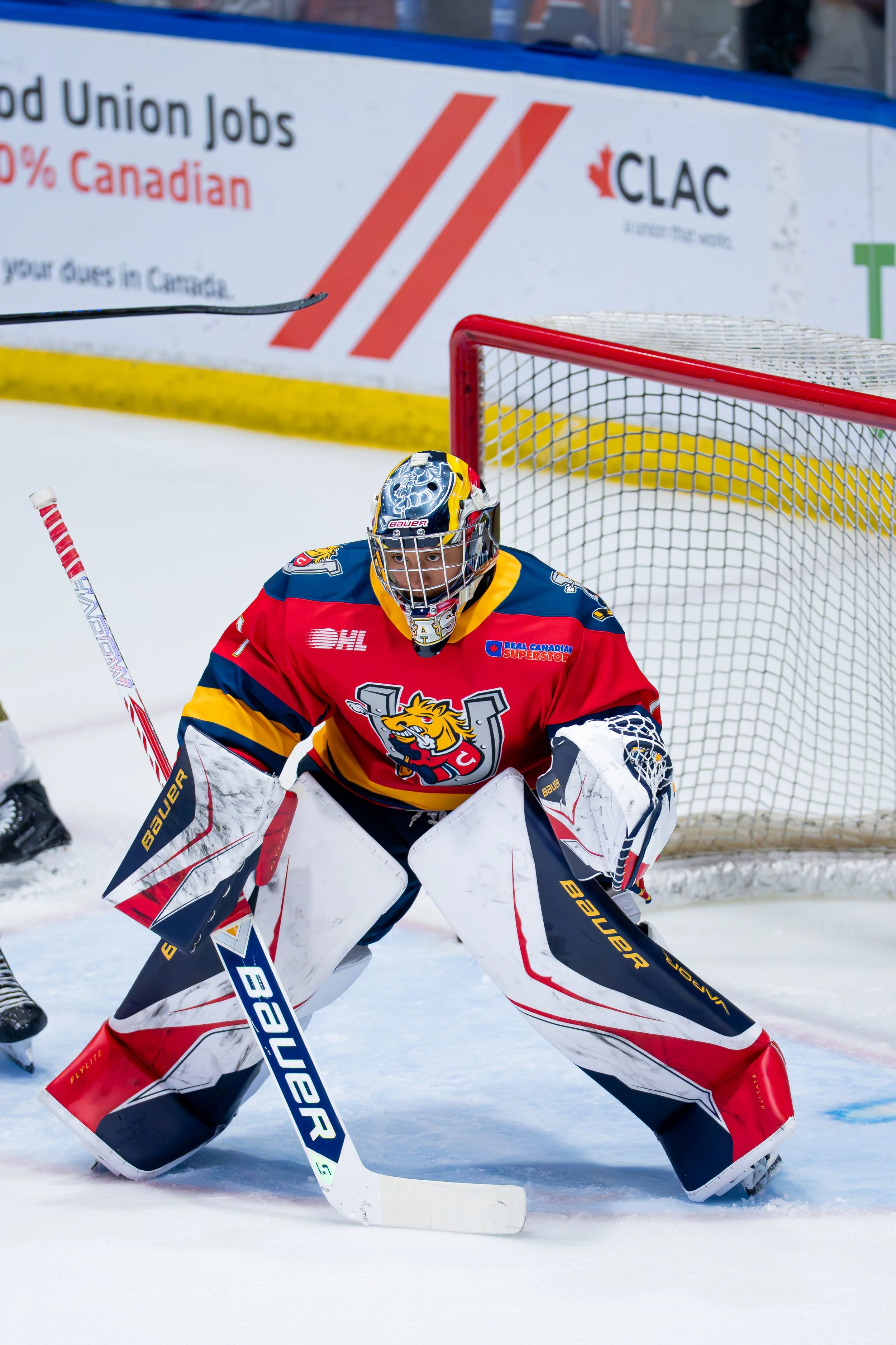 An ice hockey goalie in a red, blue, and yellow uniform, with a dragon logo on the chest, crouches in front of the net during a game on an ice rink.