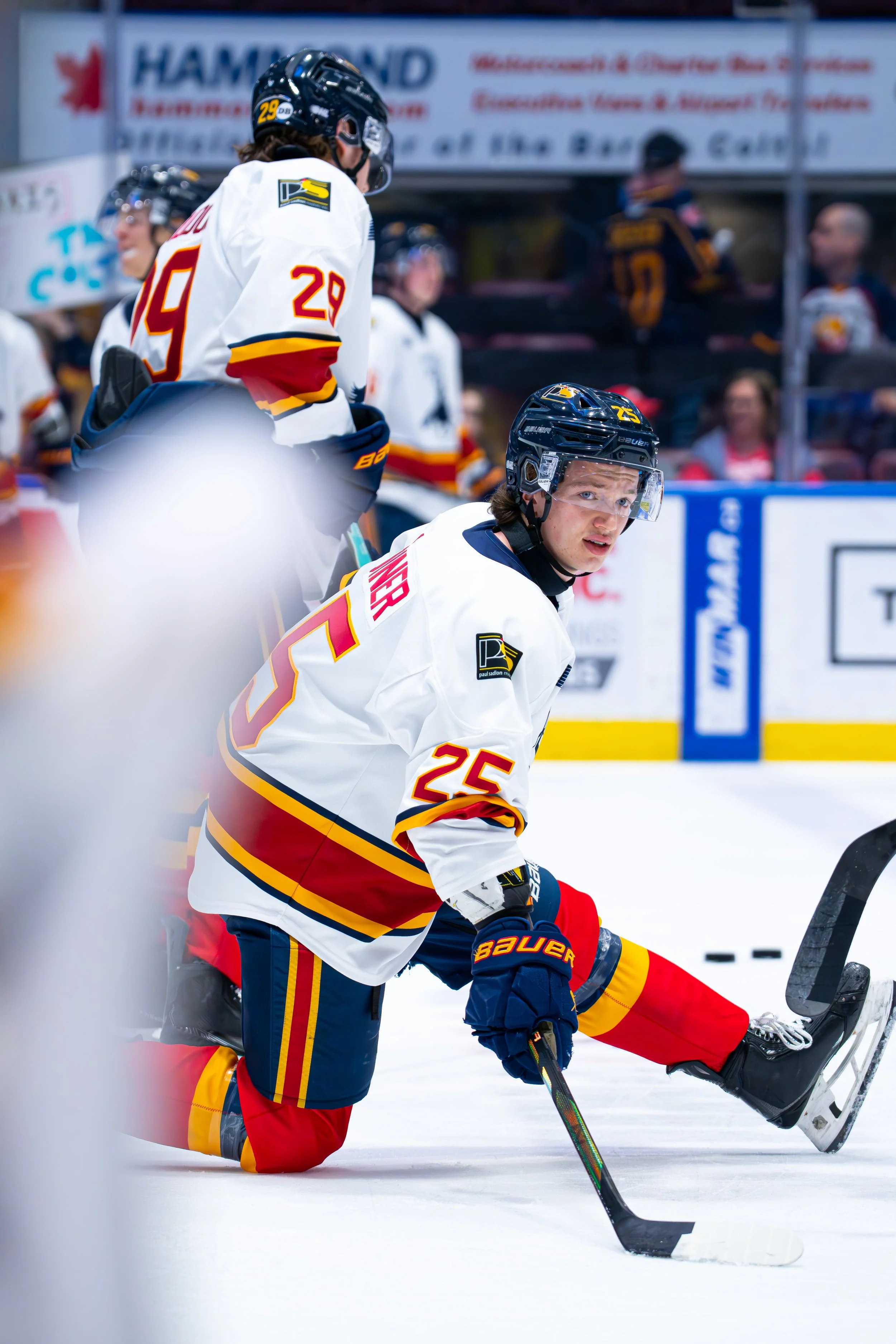 An ice hockey player wearing a white jersey with the number 25, kneeling on ice with one knee, holding a hockey stick, and looking towards the camera during a game.