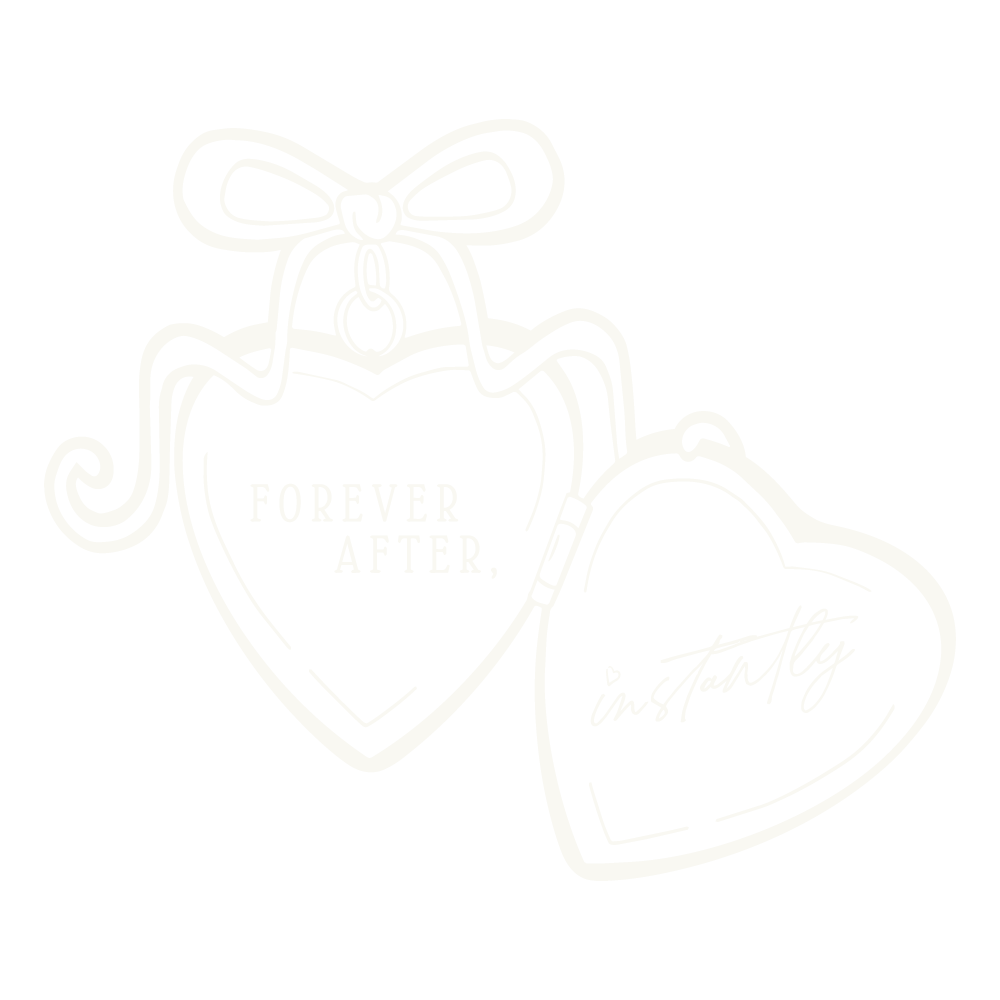 Illustration of two heart-shaped lockets with the messages "Forever After," and "instantly," with bow and ribbon decorations, on a black background. Forever After, Instantly Wedding Content Creator in Texas.