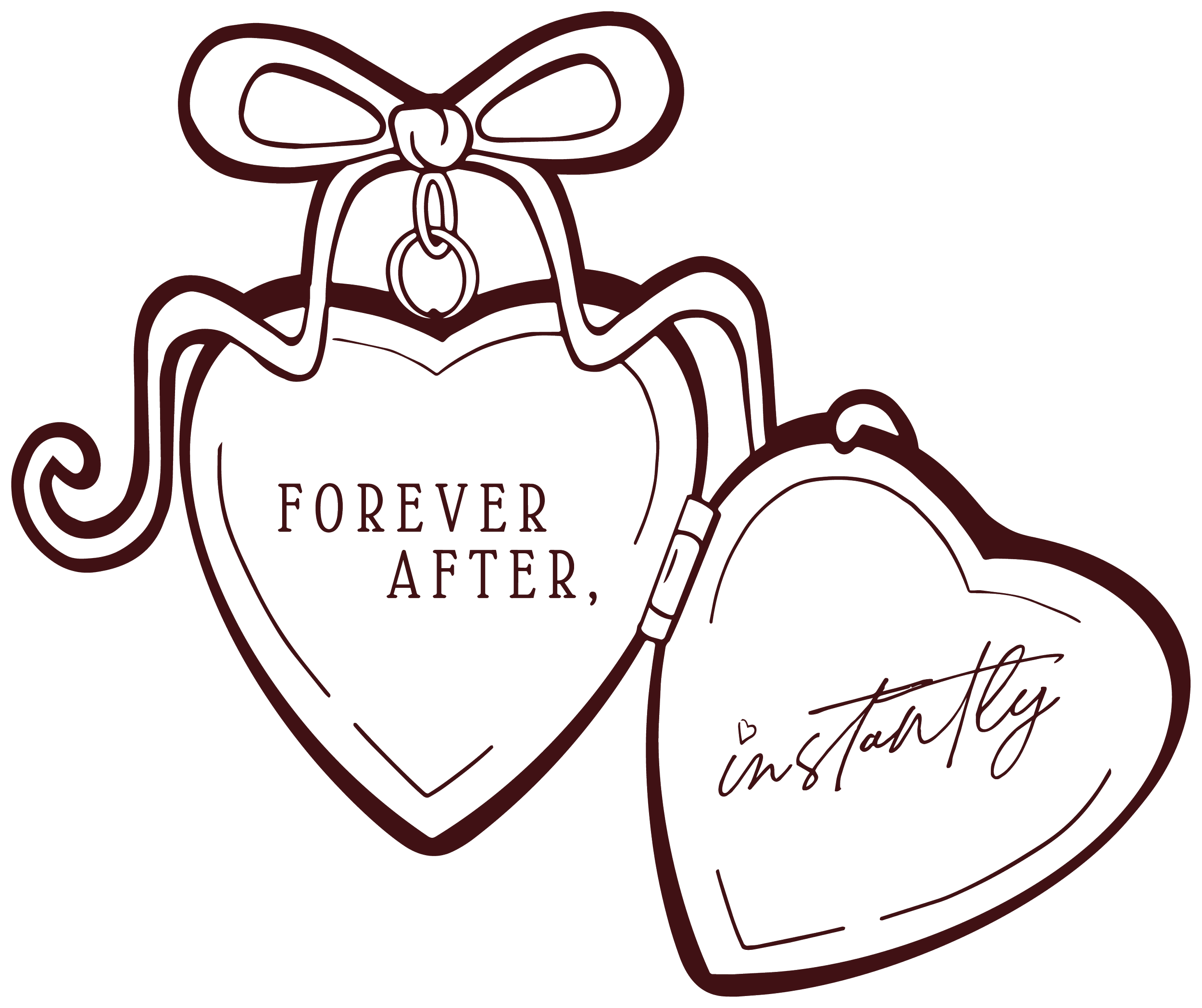 Outline illustration of two heart-shaped lockets connected by a bow, one locket with the text "Forever After" and the other with the handwritten word "instantly". Forever After, Instantly Wedding Content Creator in Texas.