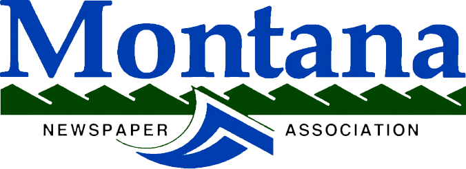 Logo of the Montana Newspaper Association featuring blue text and mountains with a stylized wave