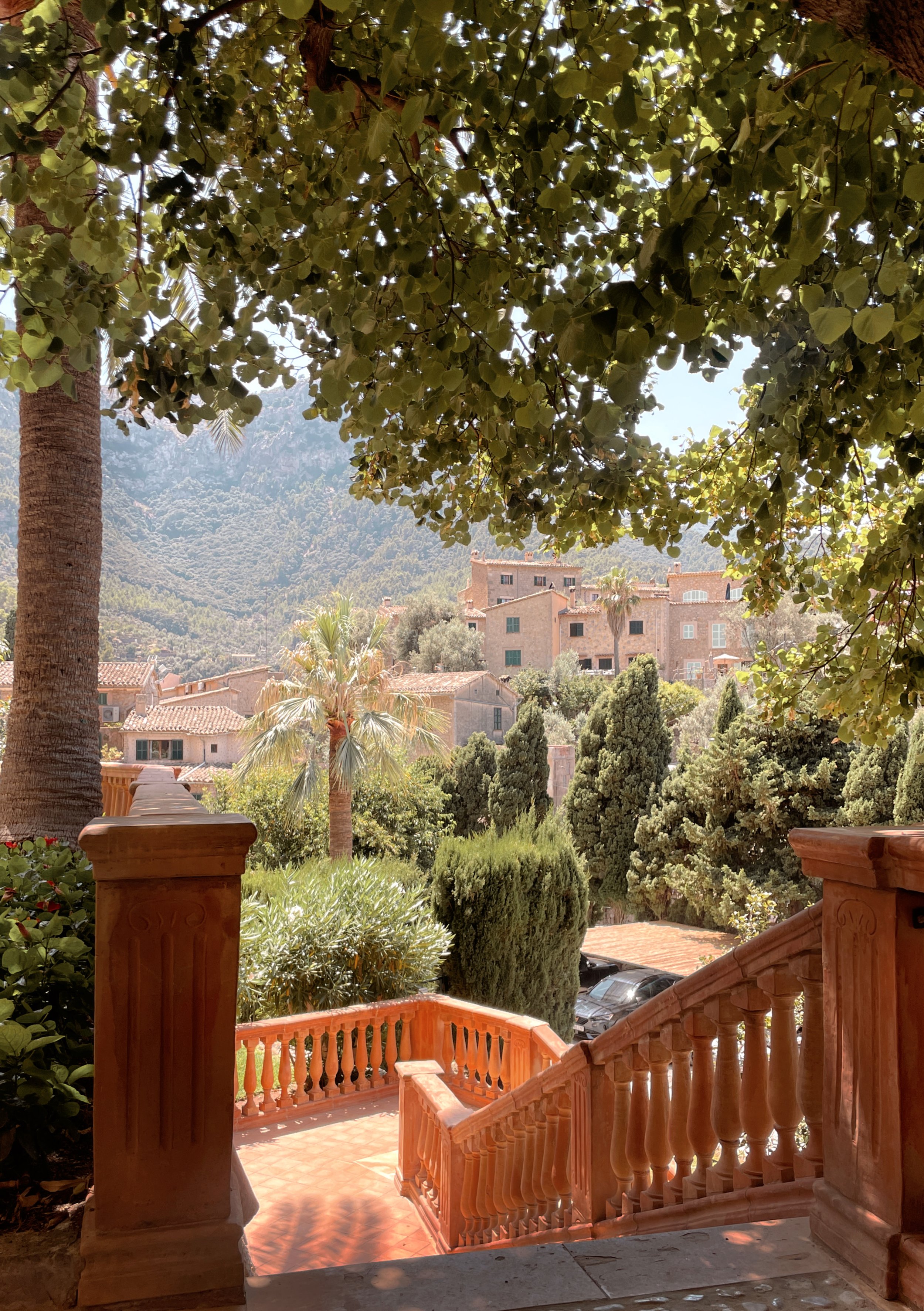 View of the village from the terrace at Cafe Miro, Deia