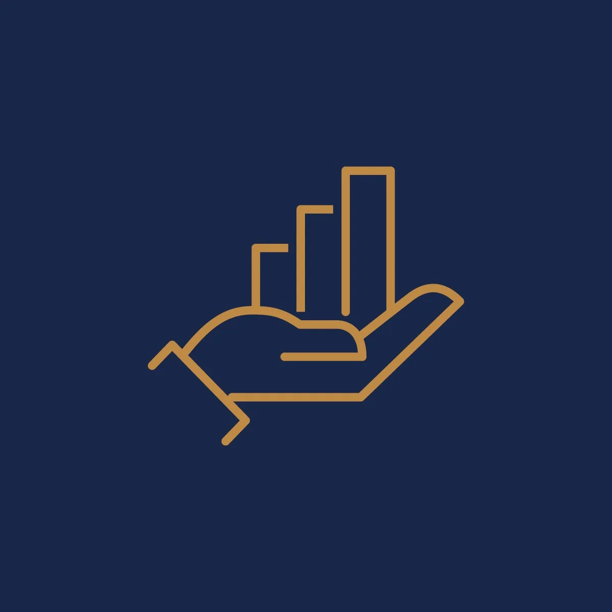 Outline of a hand holding a bar graph with four ascending bars, on a dark blue background.