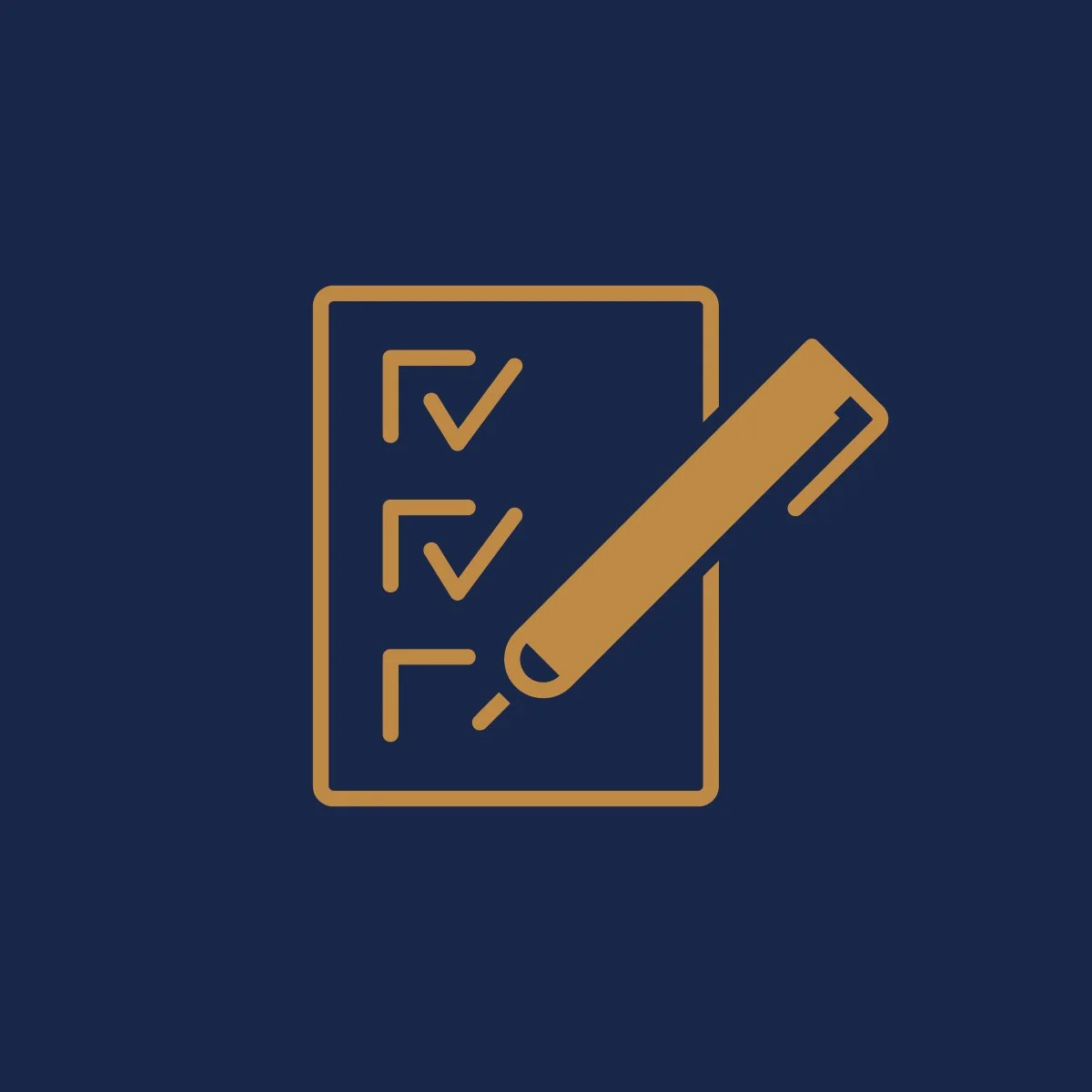 Icon of a checklist with three checkboxes and a pen, all in gold color on a dark blue background.