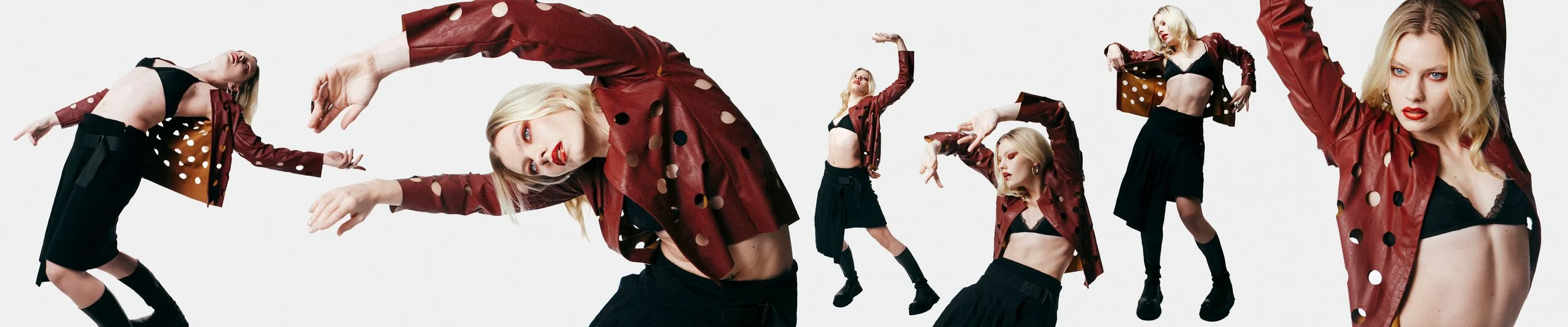 Multiple images of a blonde woman with red lipstick wearing a red leather jacket with black and beige polka dots, black bra, black skirt, and knee-high black boots, striking various dance poses against a plain white background.