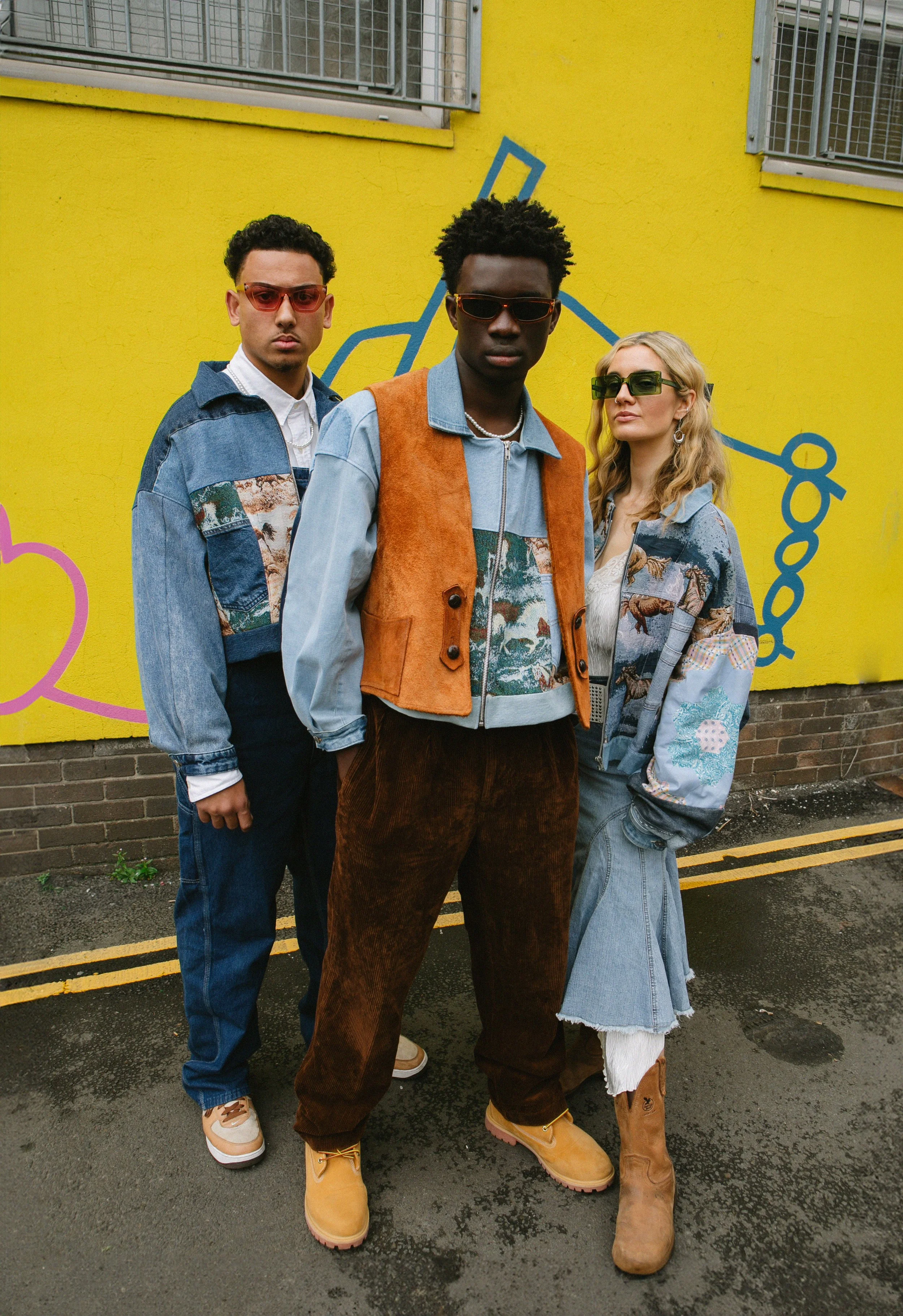 Three young adults standing in front of a bright yellow wall with colorful graffiti, wearing vintage style clothing and sunglasses.