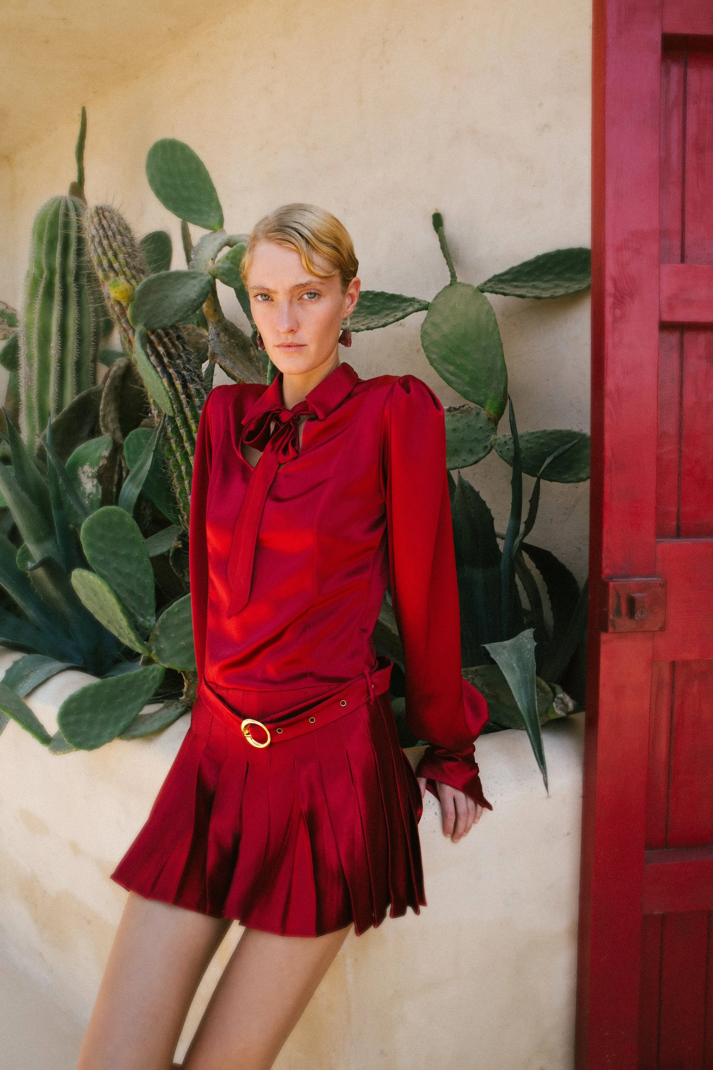 A woman dressed in a red satin blouse and pleated skirt standing next to a large cactus plant and a red wooden door.