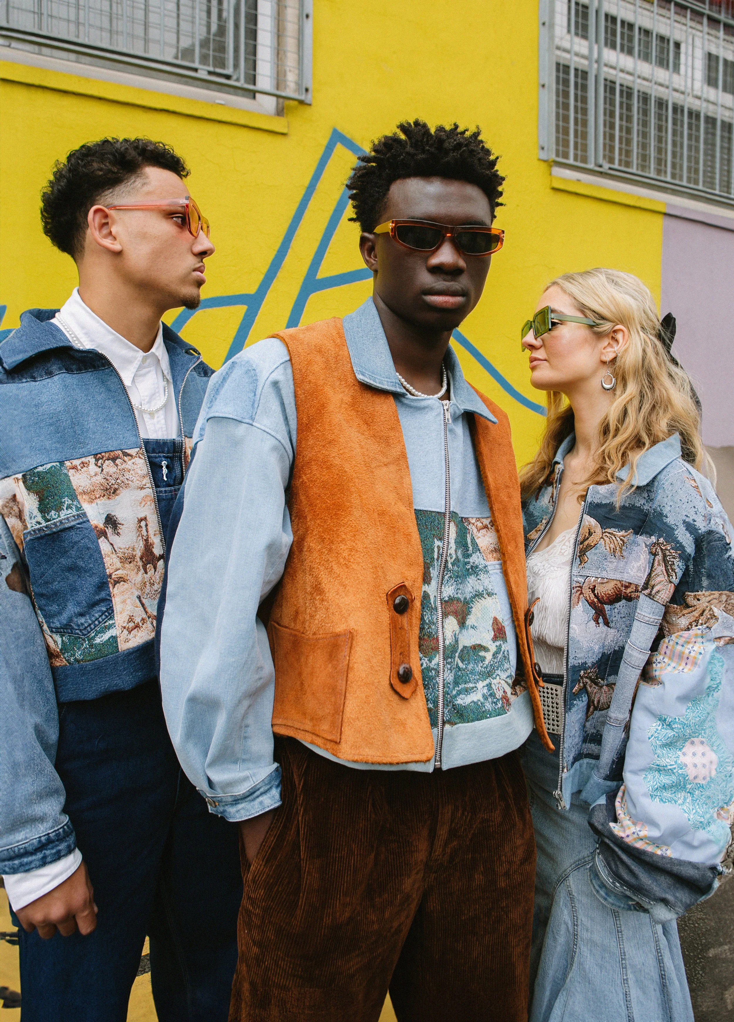 Three young adults standing in front of a colorful yellow and purple wall with graffiti; they are wearing vintage-style jackets and sunglasses.